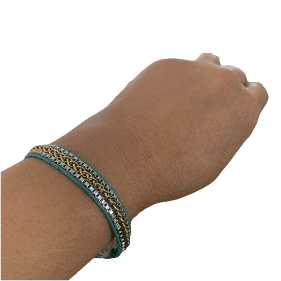 Stella & Dot Wrap Bracelet Silver & Gold Braided Teal Leather Cord Adj 6.5"-8.5" - Picture 5 of 12